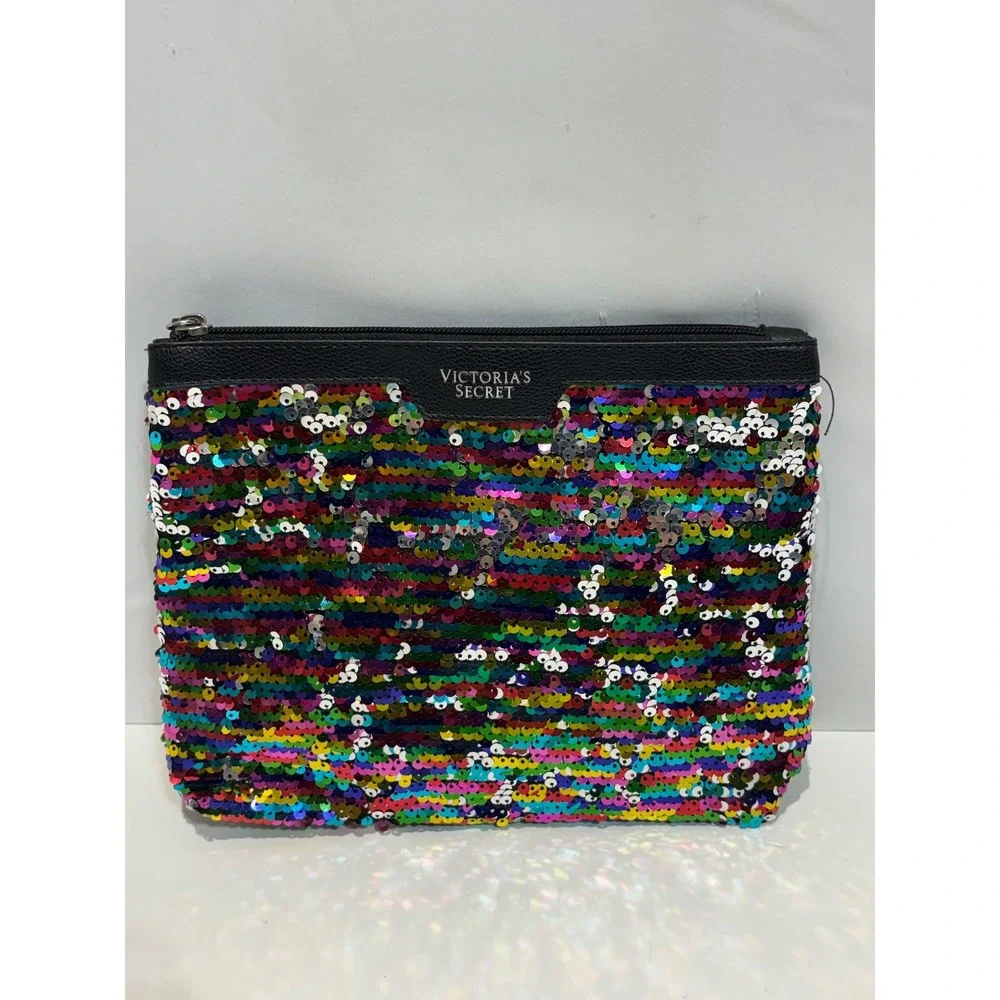 Victoria's Secret Makeup Bag Women OS Multi Rainbow Sequin Zip Pouch Clutch